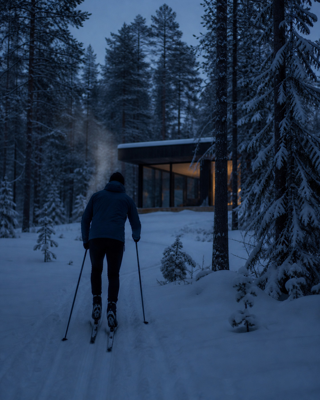 A skier on a forest trail at blue hour