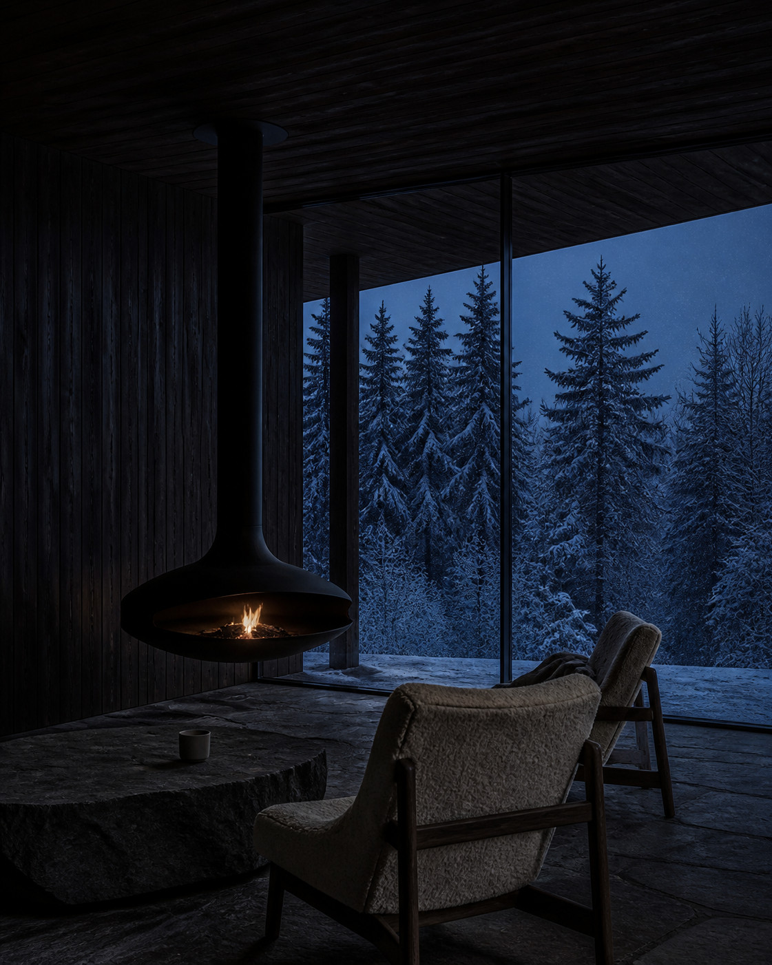 A fire burning inside a dark timber room